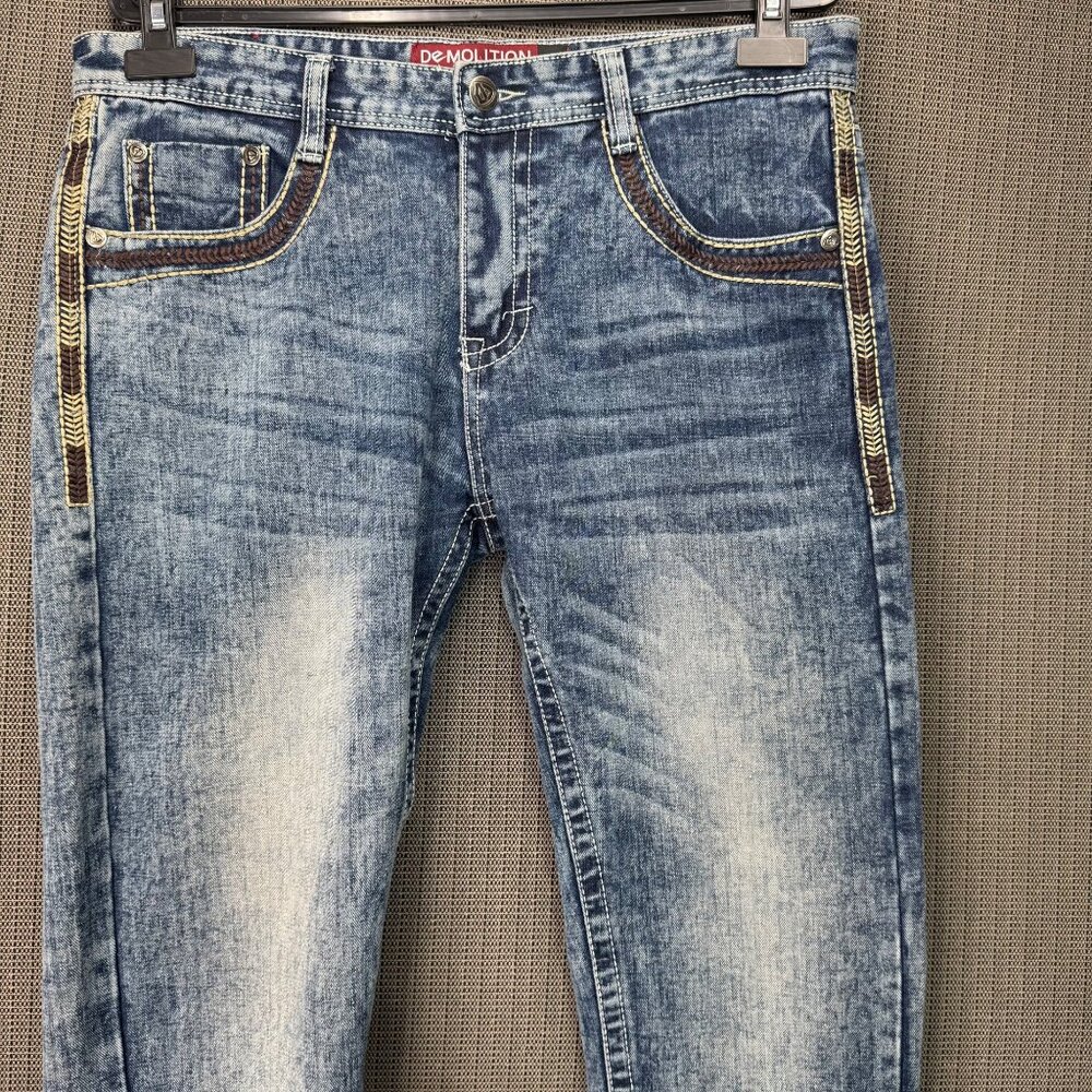 Demolition Jeans Mens Size 36 Blue Denim Straight Fit Embroidered Pockets - Picture 9 of 10